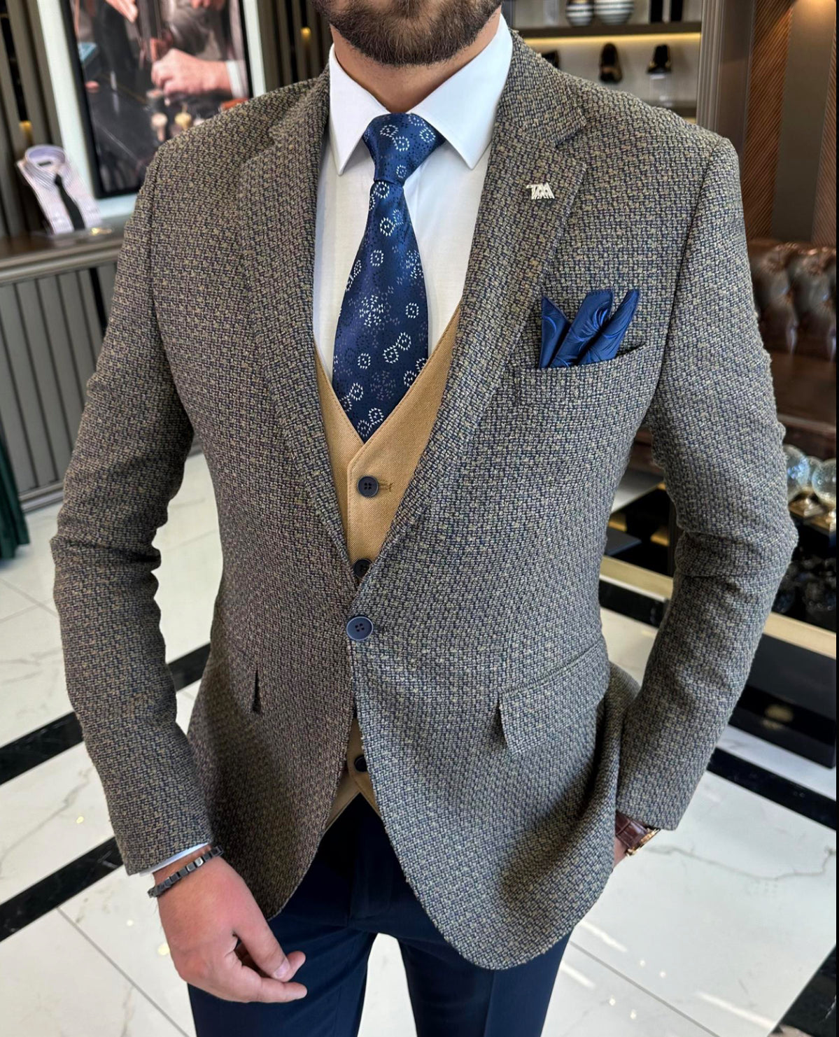 Bojoni Iowa Camel Wool Plaid  Slim Fit Suit
