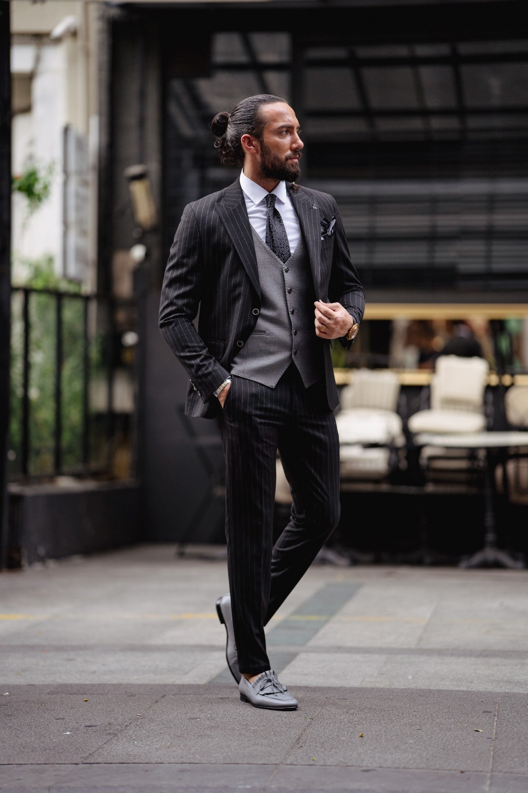 Bojoni  Matera Black Slim Fit Pinstripe Combination Suit