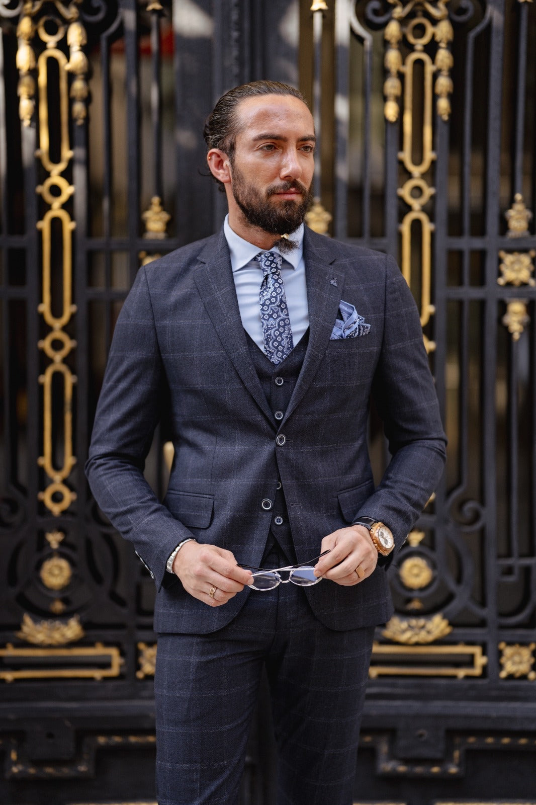 Bojoni  Matera Navy Blue Slim Fit Notch Lapel 3 Piece Check Suit