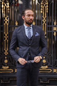 Bojoni  Matera Navy Blue Slim Fit Notch Lapel 3 Piece Check Suit