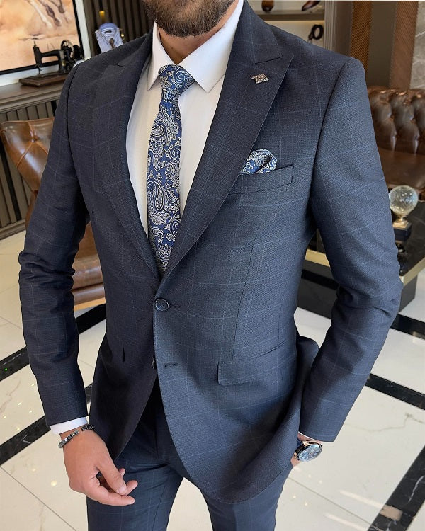 Bojoni Sheffield Navy Blue Slim Fit 2 Piece Peak Lapel Check Suit