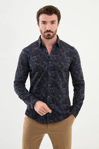 Bojoni Capena Patterned Slim Fit Navy Blue Shirt