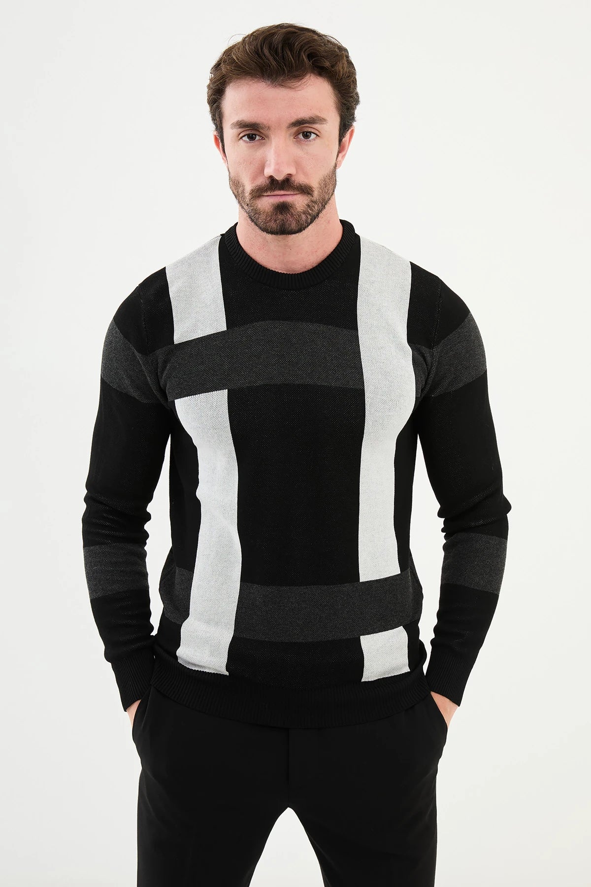 Bojoni Capena Patterned Slim Fit Crew Neck Black Knitwear Sweater