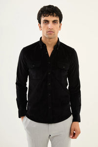 Bojoni Capena Hidden Button Slim Fit Black Velvet Shirt