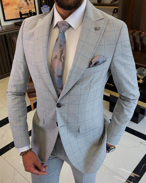 Bojoni Sheffield Gray Slim Fit 2 Piece Peak Lapel Check Plaid Suit