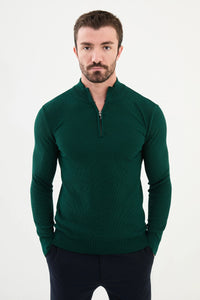 Bojoni Capena Textured Slim Fit Zippered Half Turtleneck Emerald  Knitwear Sweater