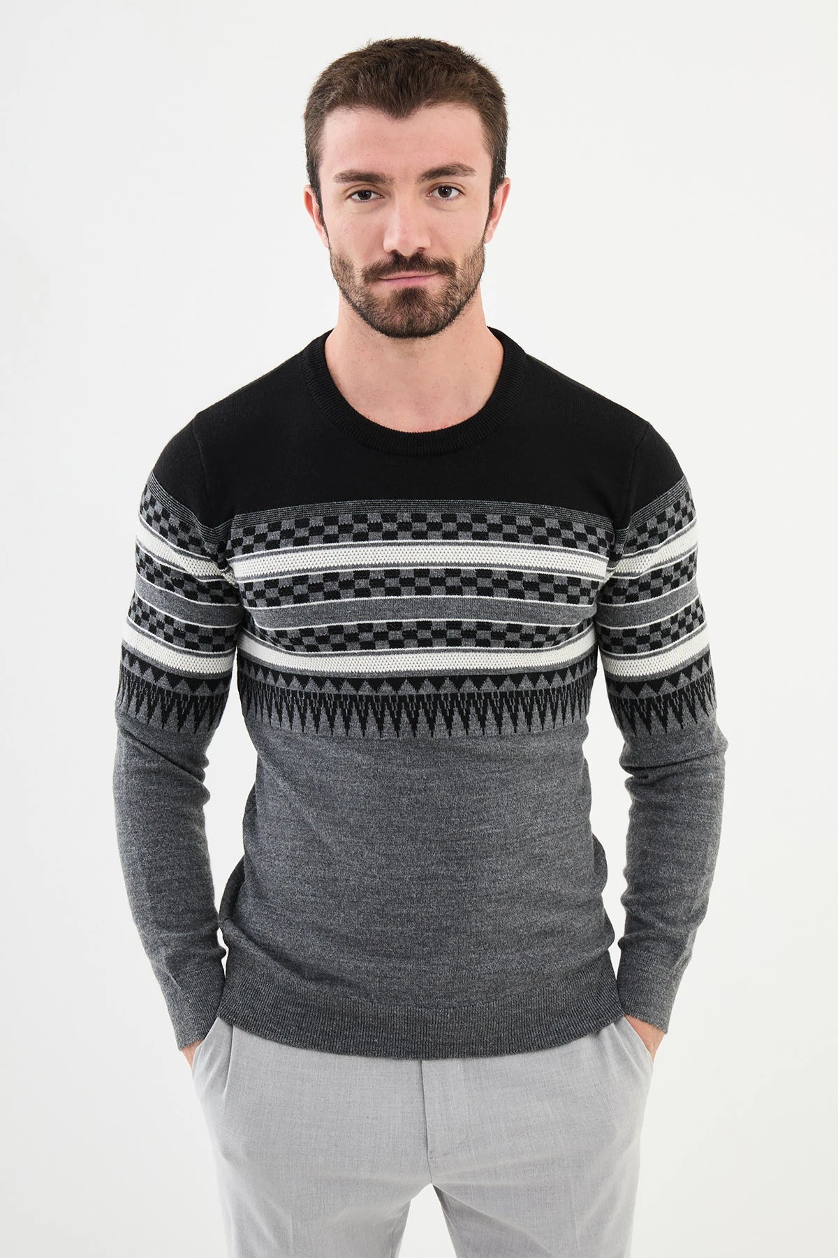 Bojoni Capena Patterned Slim Fit Crew Neck Black Knitwear Sweater