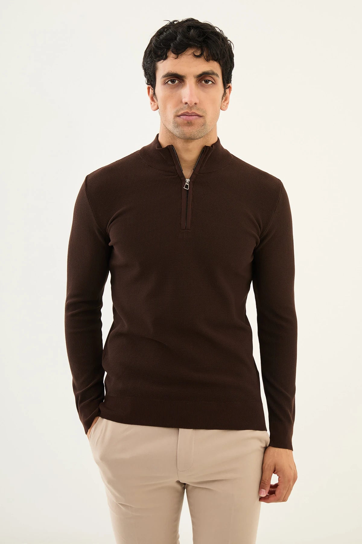 Bojoni Capena Textured Slim Fit Zippered Half Turtleneck Brown Knitwear Sweater