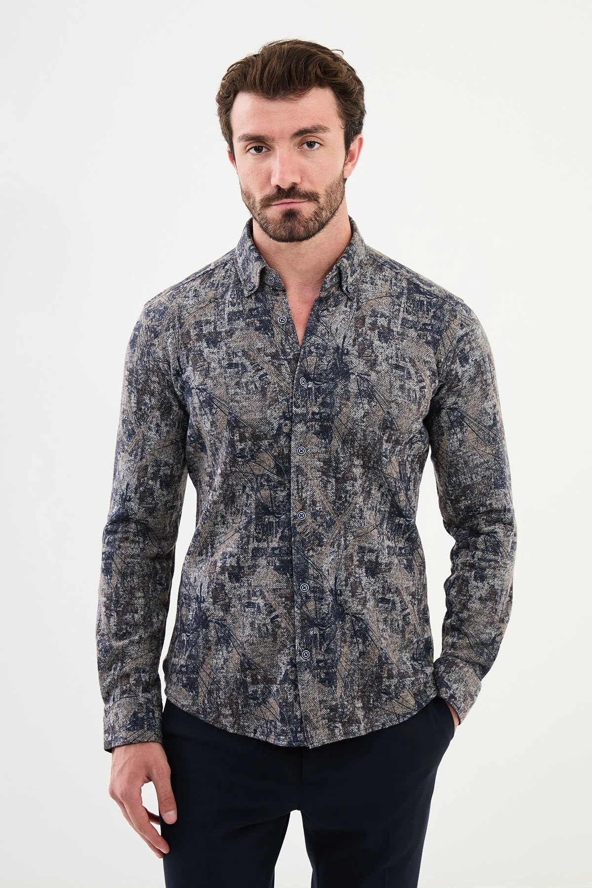 Bojoni Capena Patterned Slim Fit Navy Blue Shirt