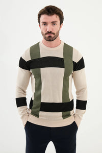 Bojoni Capena Patterned Slim Fit Crew Neck Beige Knitwear Sweater