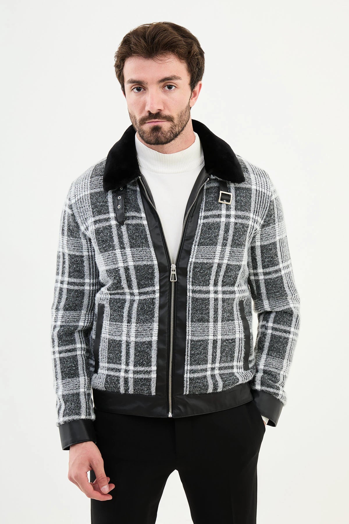 Bojoni Capena Black Fur Plaid Slim Fit Coat