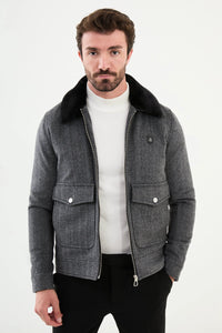 Bojoni Capena Gray Fur Slim Fit Wool Coat