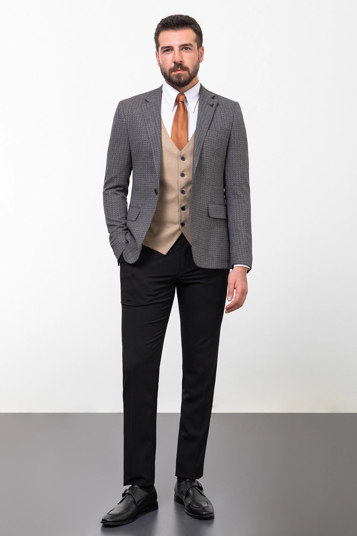 Bojoni Capena Patterned Black Slim Fit Mono Collar Combined Wool Suit