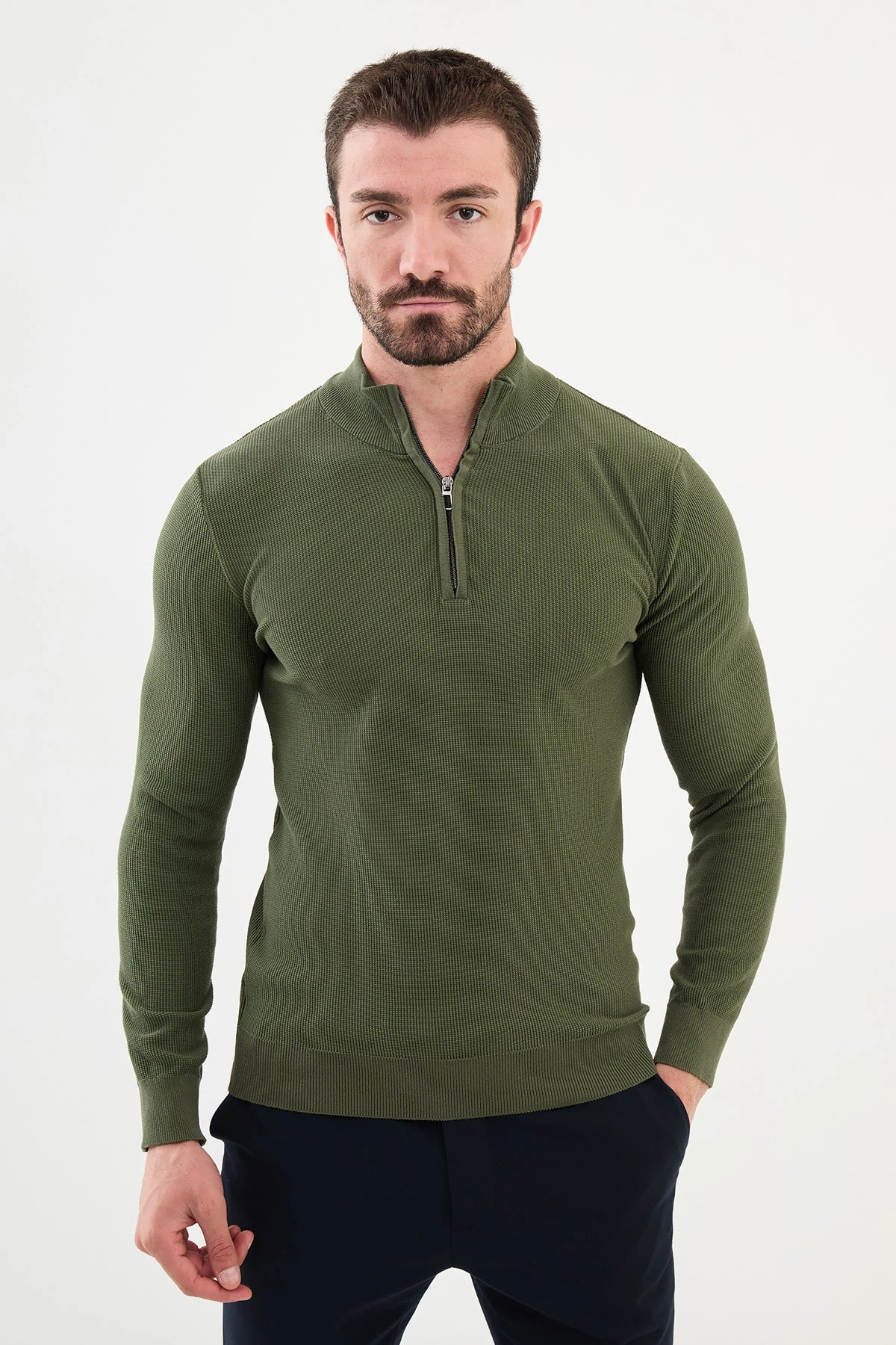 Bojoni Capena Textured Slim Fit Zippered Half Turtleneck Khaki Knitwear Sweater