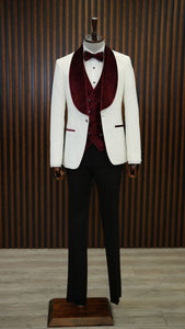 Bojoni Paruri Burgundy Slim Fit Velvet Shawl Lapel Wool Tuxedo