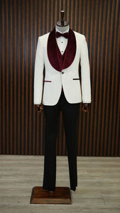 Bojoni Paruri Burgundy Slim Fit Velvet Shawl Lapel Wool Tuxedo