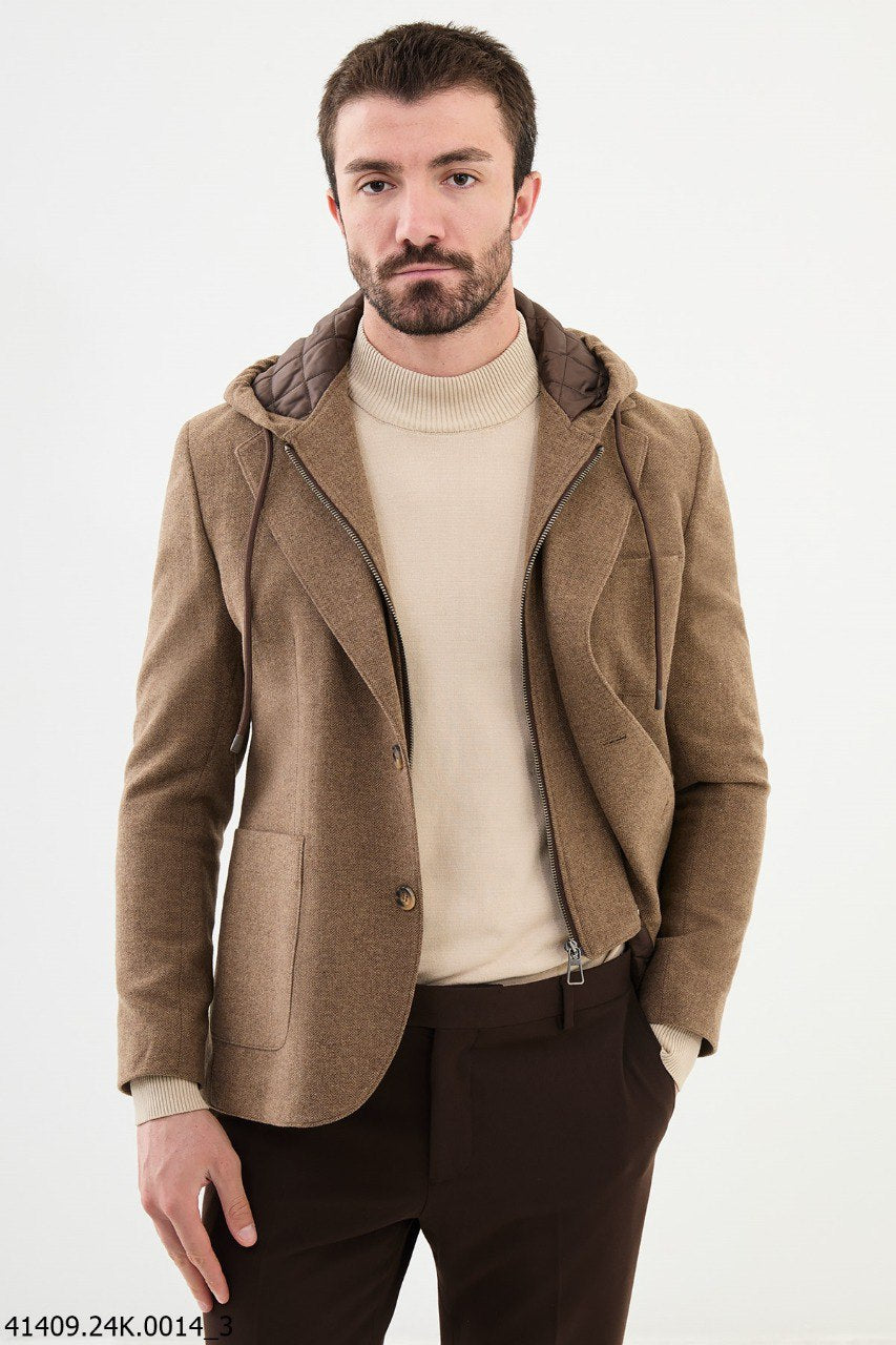 Bojoni Belmonte Slim Fit Camel Hood Blazer