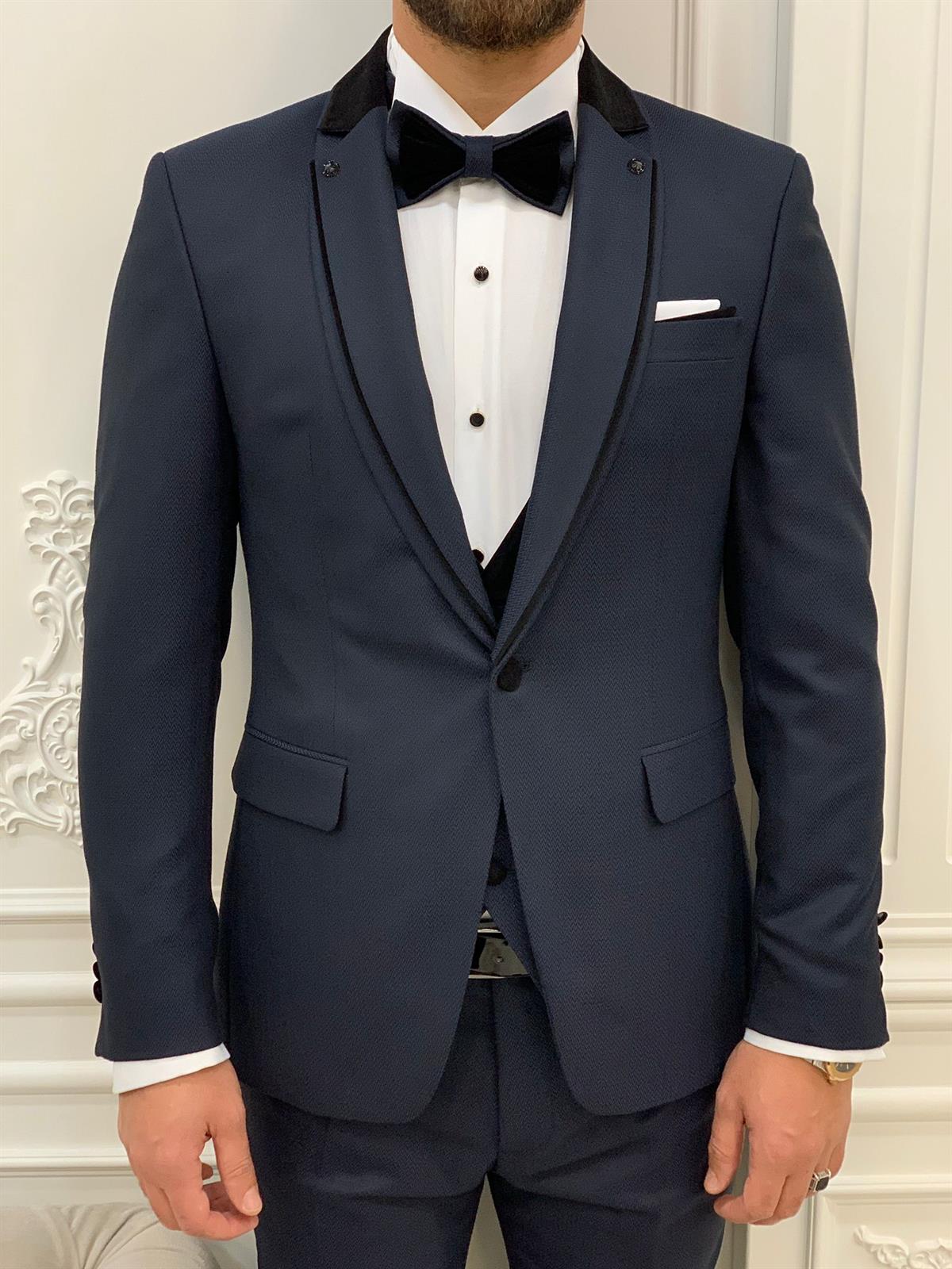 Partoni Diamond Navy Blue Slim Fit Shawl Tuxedo