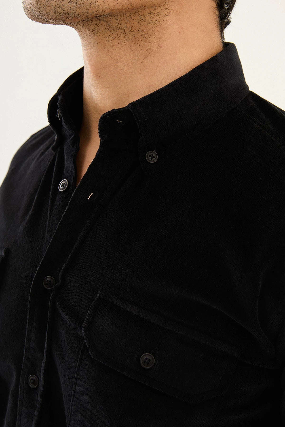 Bojoni Capena Hidden Button Slim Fit Black Velvet Shirt