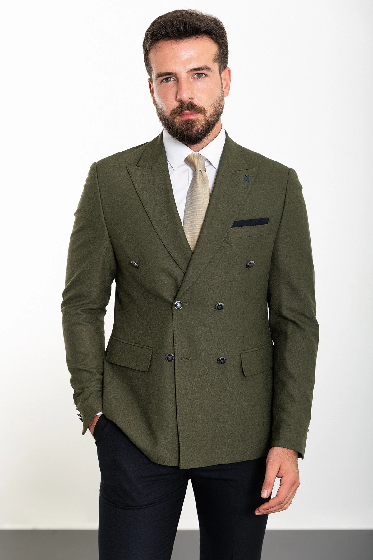 Bojoni Capena Khaki Double Breasted Slim Fit Suit