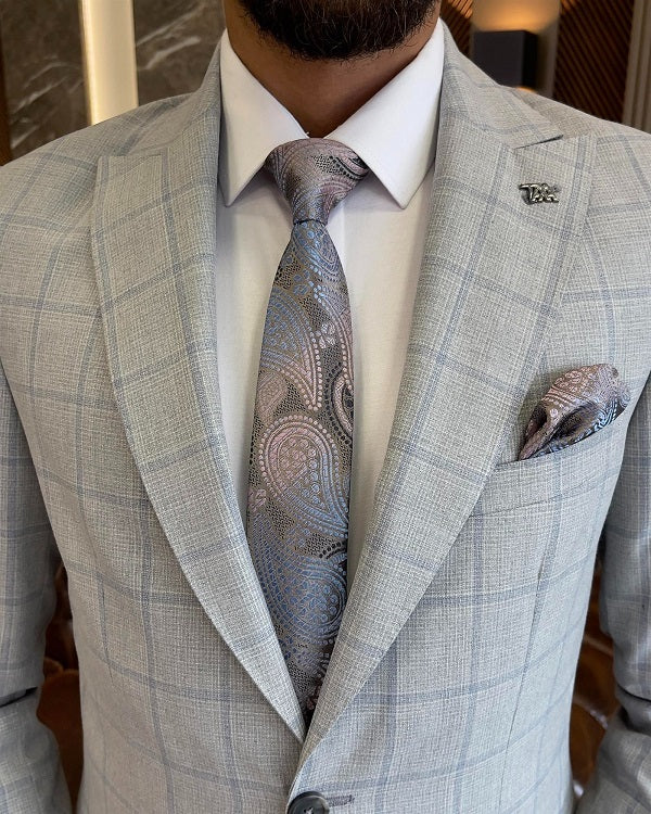Bojoni Sheffield Gray Slim Fit 2 Piece Peak Lapel Check Plaid Suit