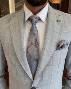 Bojoni Sheffield Gray Slim Fit 2 Piece Peak Lapel Check Plaid Suit
