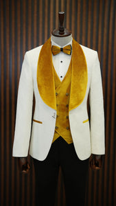 Bojoni Paruri Yellow Slim Fit Velvet Shawl Lapel Wool Tuxedo