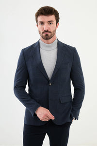 Bojoni Capena Plaid Slim Fit Mono Collar Classic Wool Navy Blue Blazer