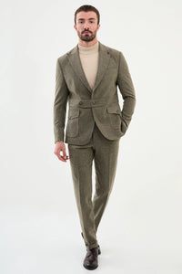 Bojoni Capena Riffled Slim Fit Belt Detailed Wide Collar Khaki Wool  Suit