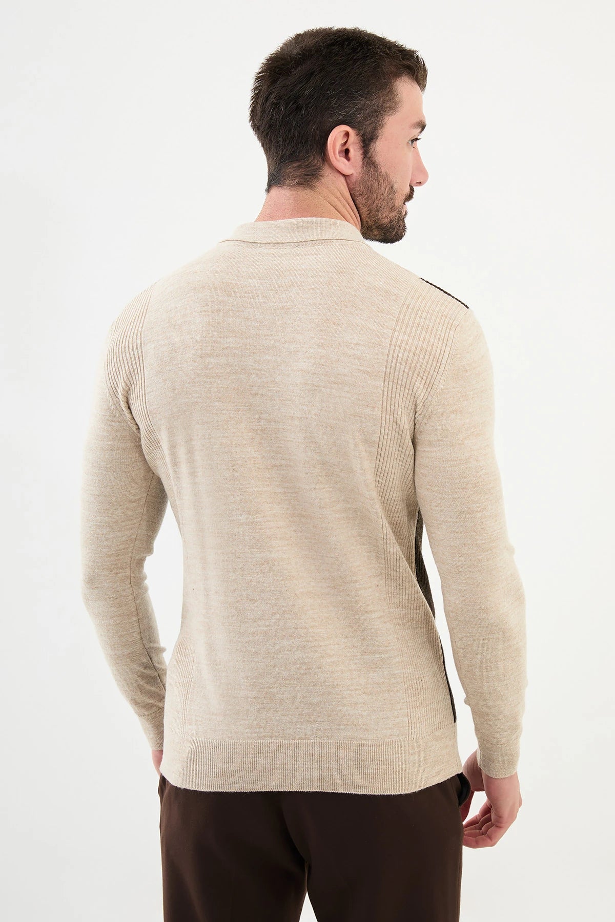 Bojoni Capena Pieced Slim Fit Polo Collar Beige Knitwear Sweater