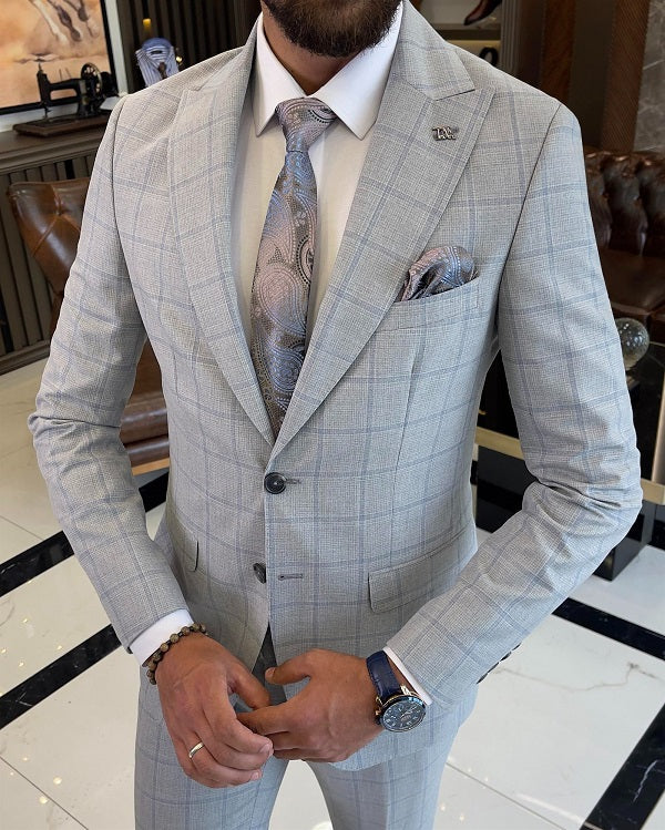 Bojoni Sheffield Gray Slim Fit 2 Piece Peak Lapel Check Plaid Suit