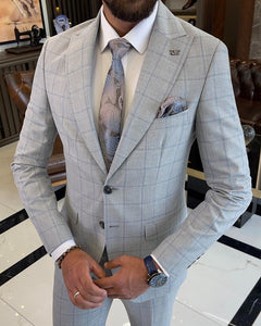 Bojoni Sheffield Gray Slim Fit 2 Piece Peak Lapel Check Plaid Suit