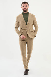 Bojoni Capena Riffled Slim Fit Belt Detailed Wide Collar Beige Wool  Suit