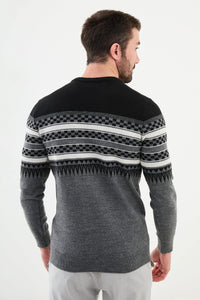 Bojoni Capena Patterned Slim Fit Crew Neck Black Knitwear Sweater