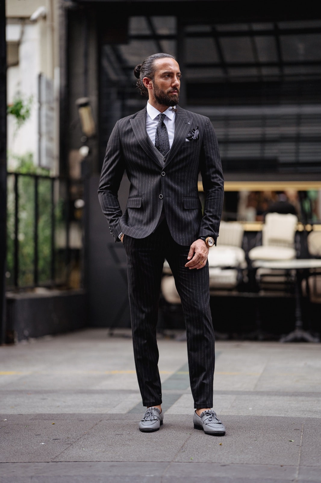 Bojoni  Matera Black Slim Fit Pinstripe Combination Suit