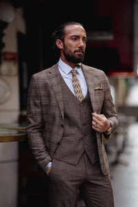 Bojoni  Matera Brown Slim Fit Notch Lapel 3 Piece Plaid Suit