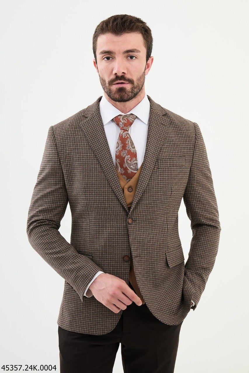 Bojoni Belmonte Brown Plaid Patterned Slim Fit Suit