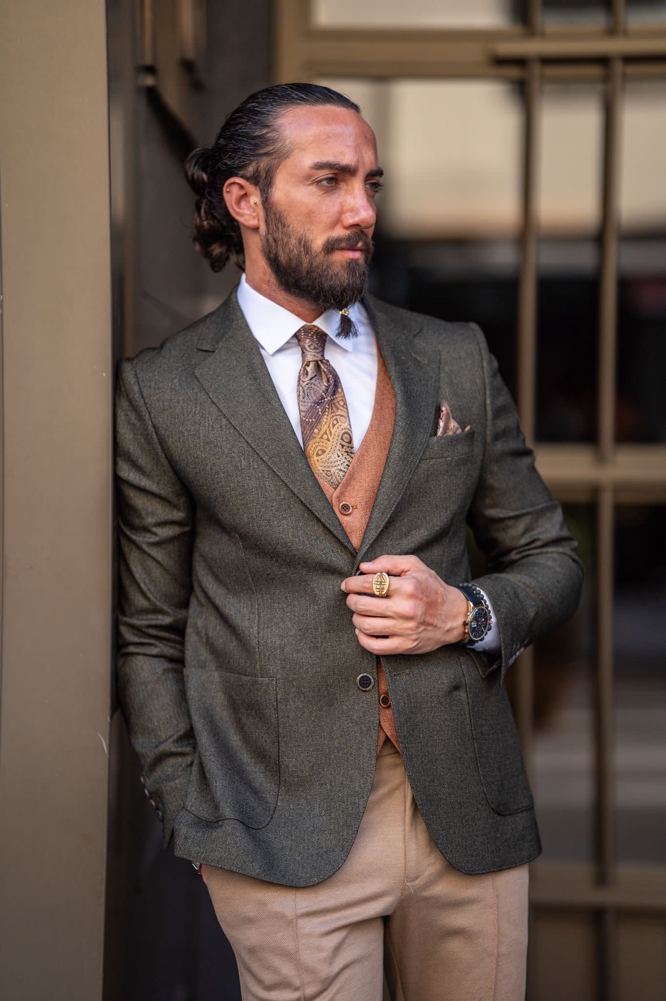 Bojoni Milford Khaki Slim Fit Notch Lapel 3 Piece Combination Suit