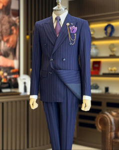 Bojoni Chicago Slim Fit Special Design High Quality Navy Blue Double Breasted Suit