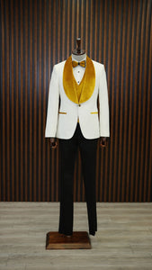 Bojoni Paruri Yellow Slim Fit Velvet Shawl Lapel Wool Tuxedo