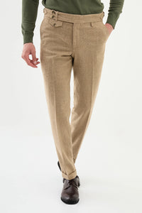 Bojoni Capena Riffled Slim Fit Belt Detailed Wide Collar Beige Wool  Suit