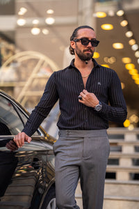 Bojoni Milford Black Slim Fit Pinstripe Cotton Shirt