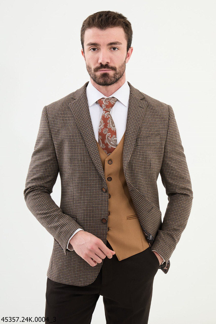 Bojoni Belmonte Brown Plaid Patterned Slim Fit Suit