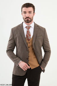 Bojoni Belmonte Brown Plaid Patterned Slim Fit Suit