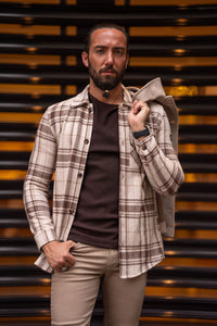 Bojoni Matera Slim Fit Beige  Striped Lumberjack Shirt