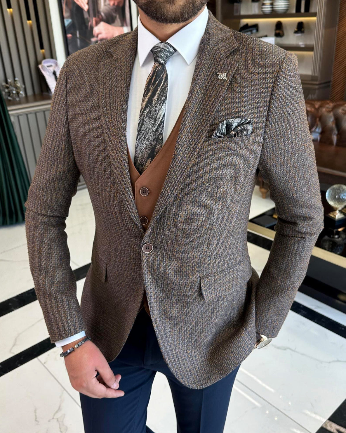 Bojoni Iowa Brown Wool Plaid Slim Fit Suit