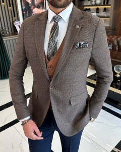 Bojoni Iowa Brown Wool Plaid Slim Fit Suit