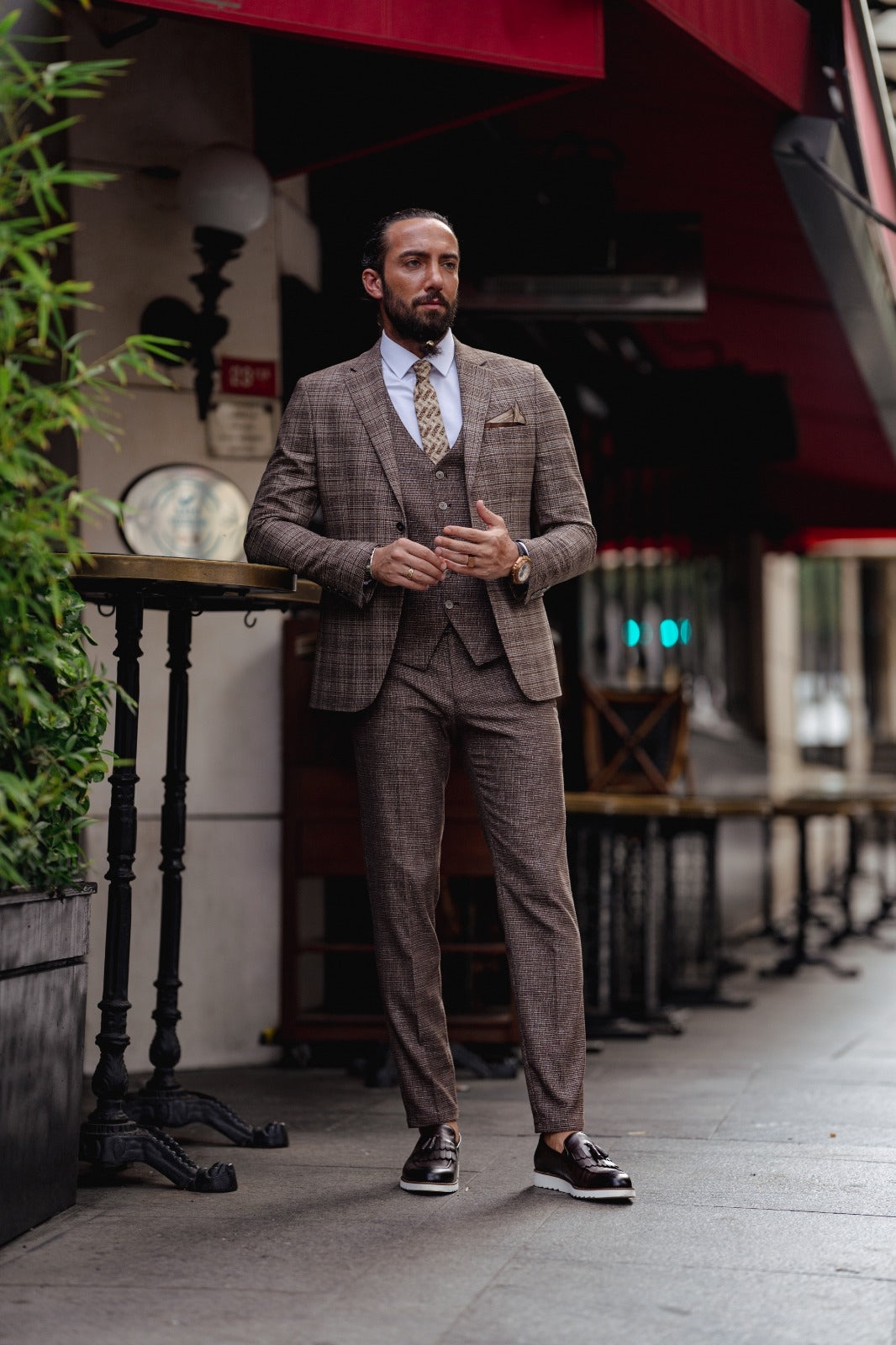 Bojoni  Matera Brown Slim Fit Notch Lapel 3 Piece Plaid Suit