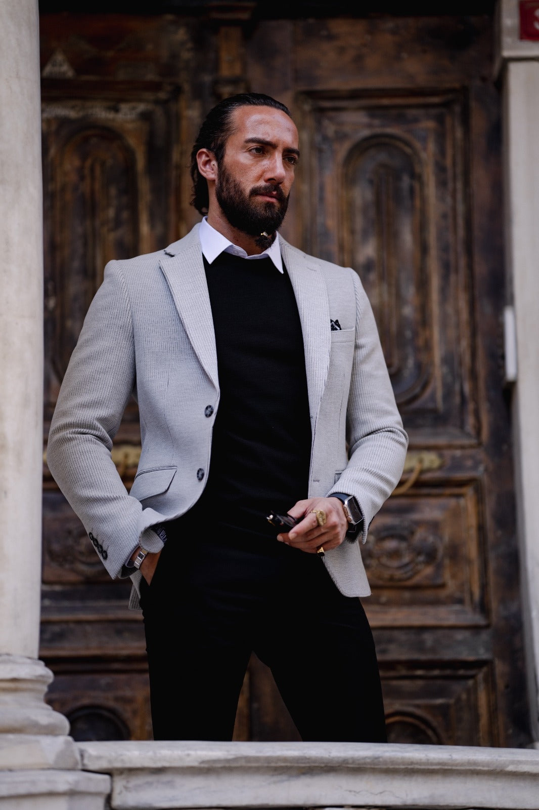 Bojoni Matera Gray Mono Collar Slim Fit Jacket