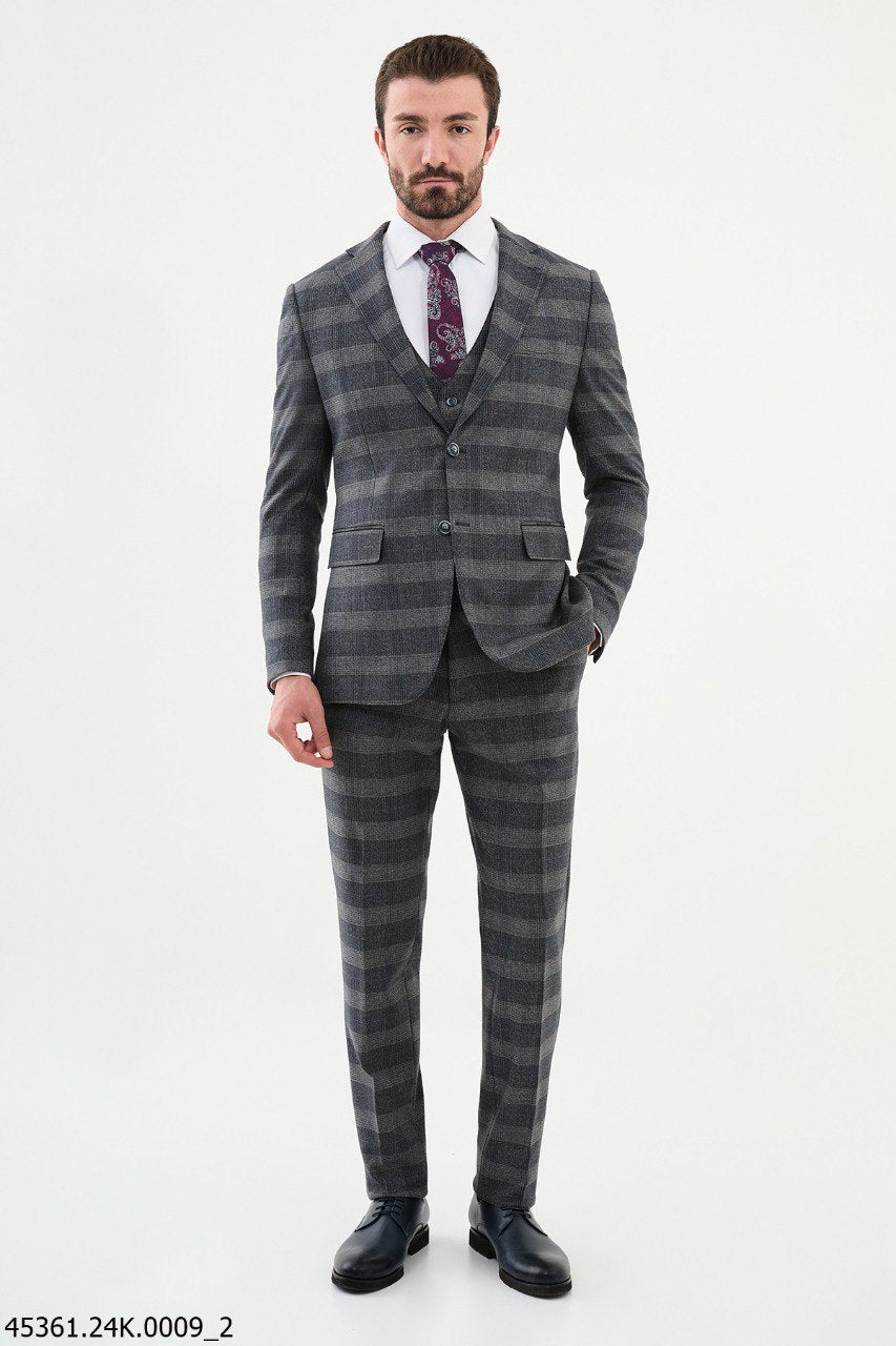 Bojoni Belmonte Navy Blue Plaid Slim Fit Suit